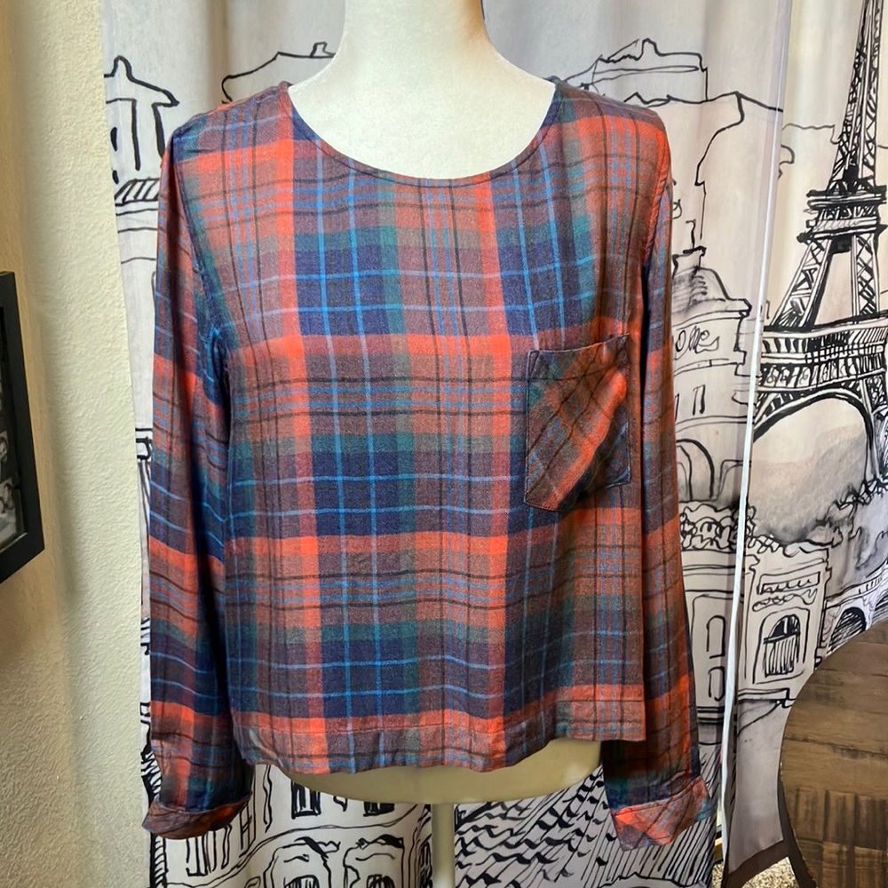 Cloth & Stone Lace Up Plaid Blouse